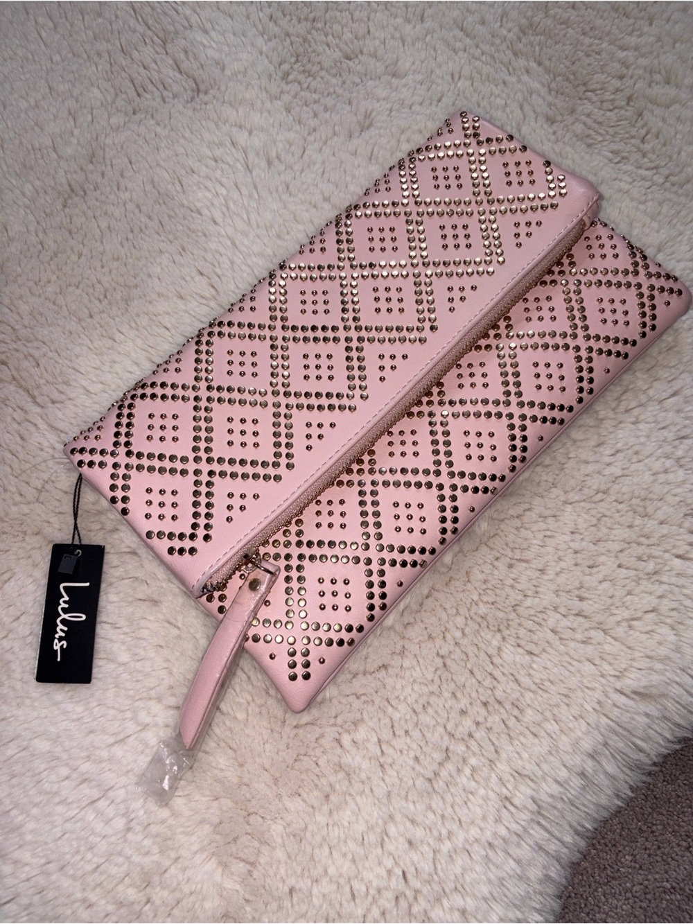 Lulu's Blush Pink Studded Fold-Over Wristlet Clutch